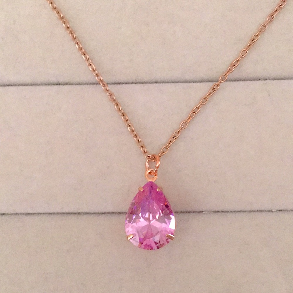 Rose Pink + Rose Gold Cubic Zirconia Pear Crystal Drop Pendant Necklace - Picture 4 of 10